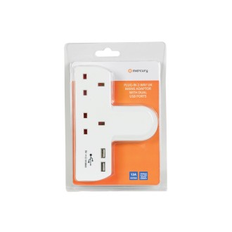 Mercury Plug-in 2-Way Mains Adaptor with Dual USB Ports