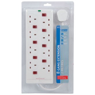 Mercury 8 gang 13A extension lead with anti-surge protection and 8 neon switches