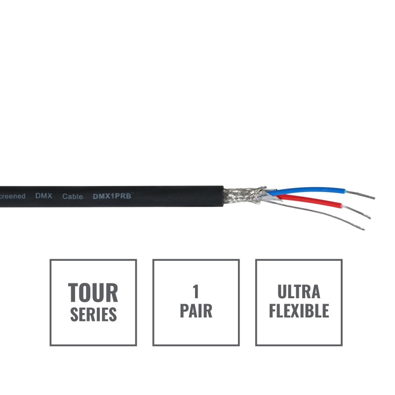 TOUR Screened 1 Pair DMX Cable DMX1PRB, 100m Drum Black